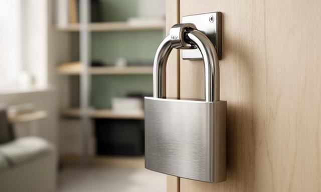 Metalen slot op een houten kast in een rustig kantoor als beeld voor gegevensbeveiliging