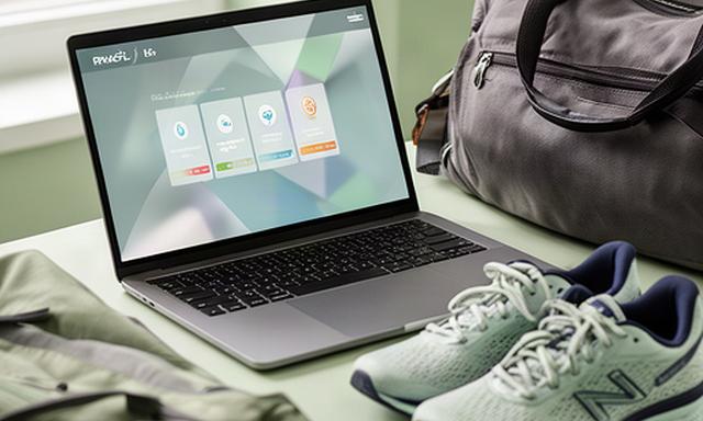 Beveiligd gegevensdashboard op een laptop naast een sporttas en hardloopschoenen
