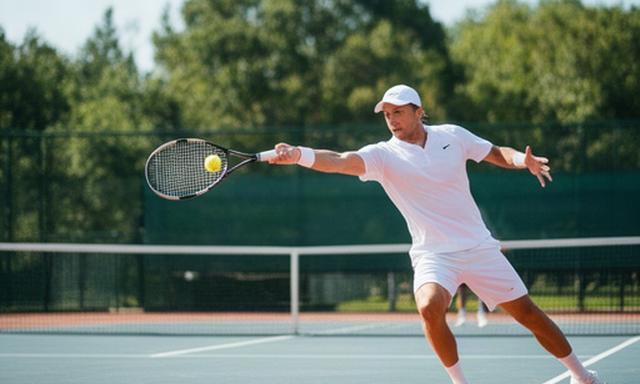 Tennisser in witte kleding slaat een forehand op een buitenbaan